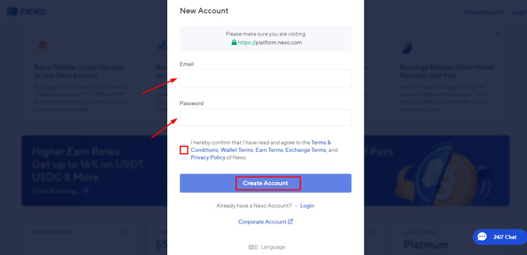 خطوات إنشاء حساب في Nexo